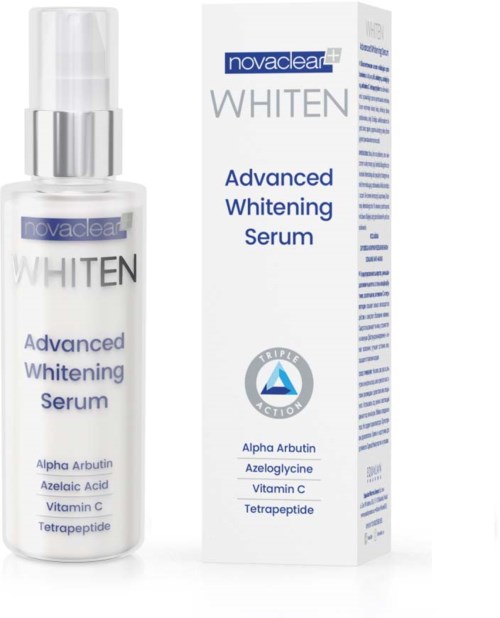 En flaske og eske med Novaclear White Advanced Whitening Serum med ingredienser listet på etiketten.