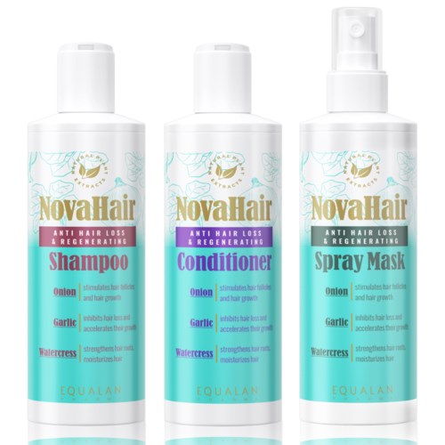 Three bottles of NovaHair hair care products: shampoo, conditioner, and spray mask, for hair growth and strengthening.