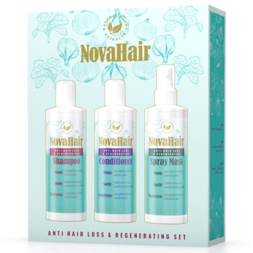A set of three hair care bottles: shampoo, conditioner, and spray mask, in a box with botanical illustrations and gold text.