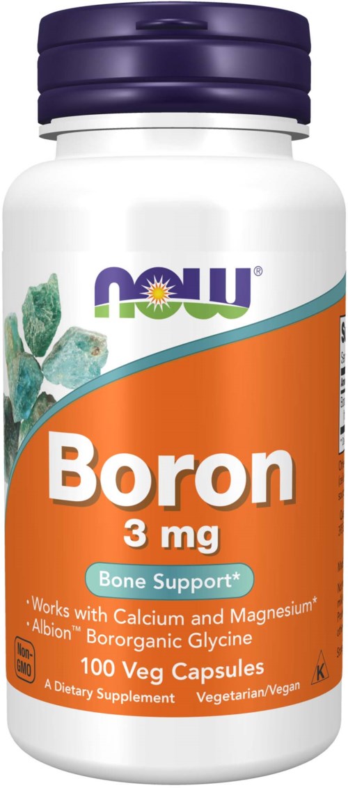 A white bottle labeled NOW Boron 3 mg with purple lid, showing a green plant and orange section for bone support.