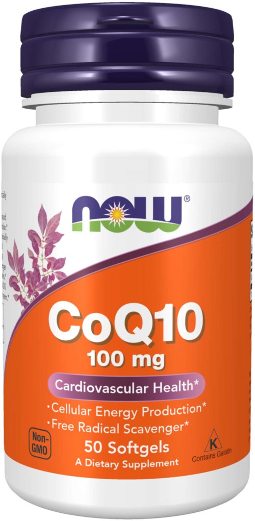 A bottle labeled CoQ10, 100 mg, with a purple cap, orange and white design, promoting cardiovascular health.