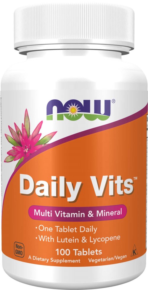 Bottle of Now Daily Vits supplement with pink flowers on the label, orange background, and white cap.