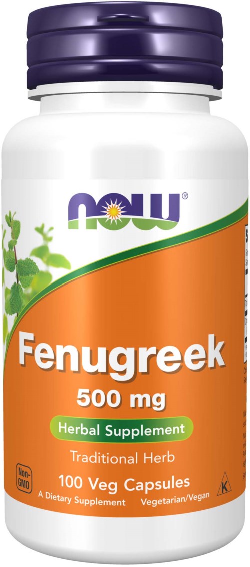 Herbal supplement with 500 mg fenugreek, in a white bottle with purple cap, contains 100 vegetarian capsules.