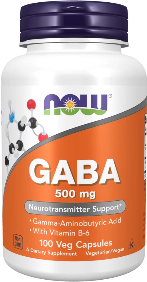 GABA-tilskuddflaske med 500 mg, inneholder gamma-aminosmørsyre, vitamin B-6, 100 kapsler, vegetarisk, vegansk.