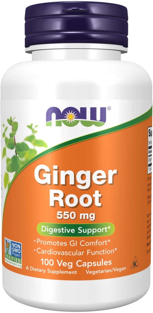 En vit flaska med lila lock, märkt 'Ginger Root 550 mg' och noterar 'Digestive Support' och fördelar.
