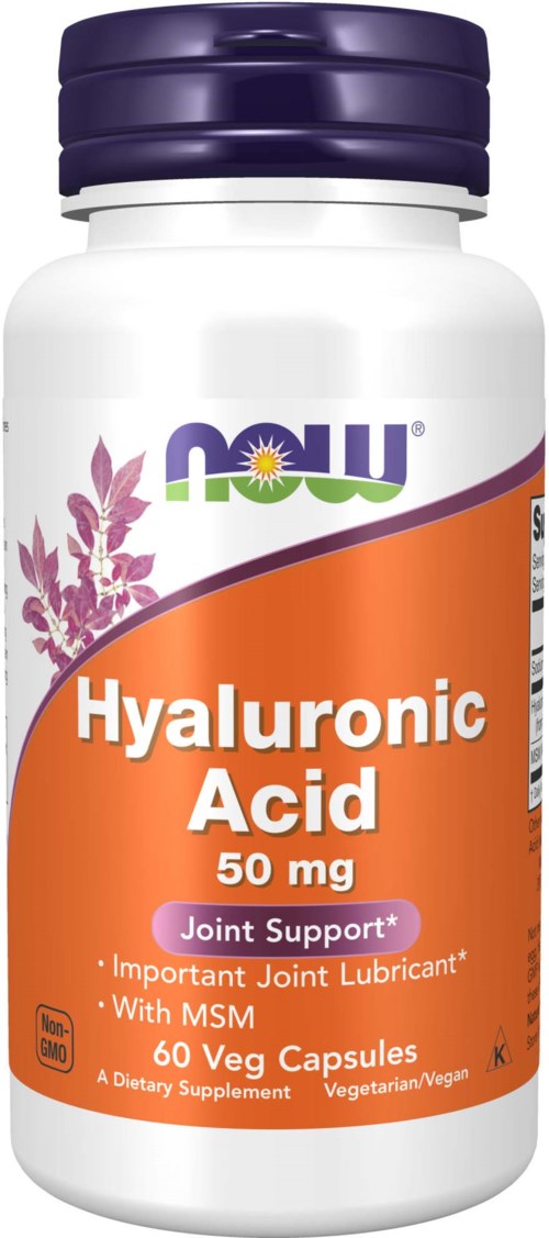 White bottle with orange and purple label, stating it is Hyaluronic Acid for joint support, contains 60 vegetarian capsules.