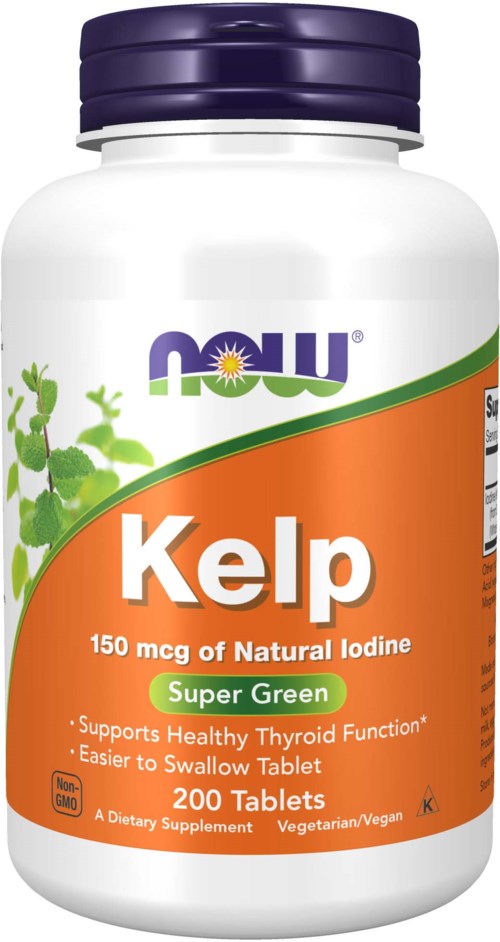 A white bottle with a purple cap contains kelp tablets, highlighting 150 mcg of natural iodine, promoting thyroid health.