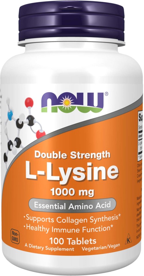 White bottle with purple lid, orange label, and molecules illustration. Contains Now brand L-Lysine supplement, 1000 mg, 100 tablets.