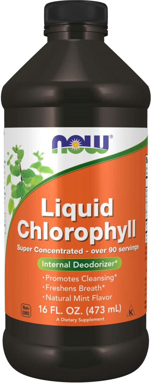 A black bottle with an orange label claims to have liquid chlorophyll, an internal deodorizer, for cleansing and freshening breath.