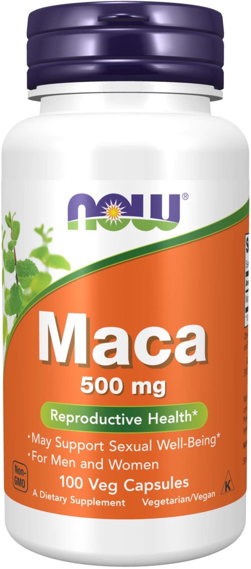 Vitamin supplement bottle labeled 'Maca 500 mg, reproductive health, for men and women, 100 capsules.