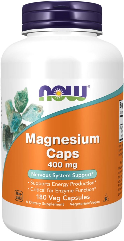 A white bottle with a purple cap labeled 'Magnesium Caps 400 mg' supports nervous system, energy, and enzyme functions, containing 180 vegan capsules.
