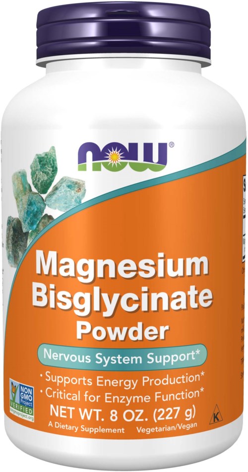 A white bottle of NOW brand magnesium bisglycinate powder with purple lid, orange and blue label, and green crystals on top.