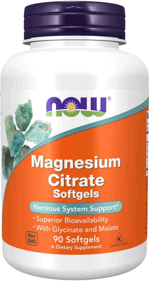 A white bottle with a purple cap labeled 'NOW Magnesium Citrate Softgels' for nerve support. Contains 90 softgels.