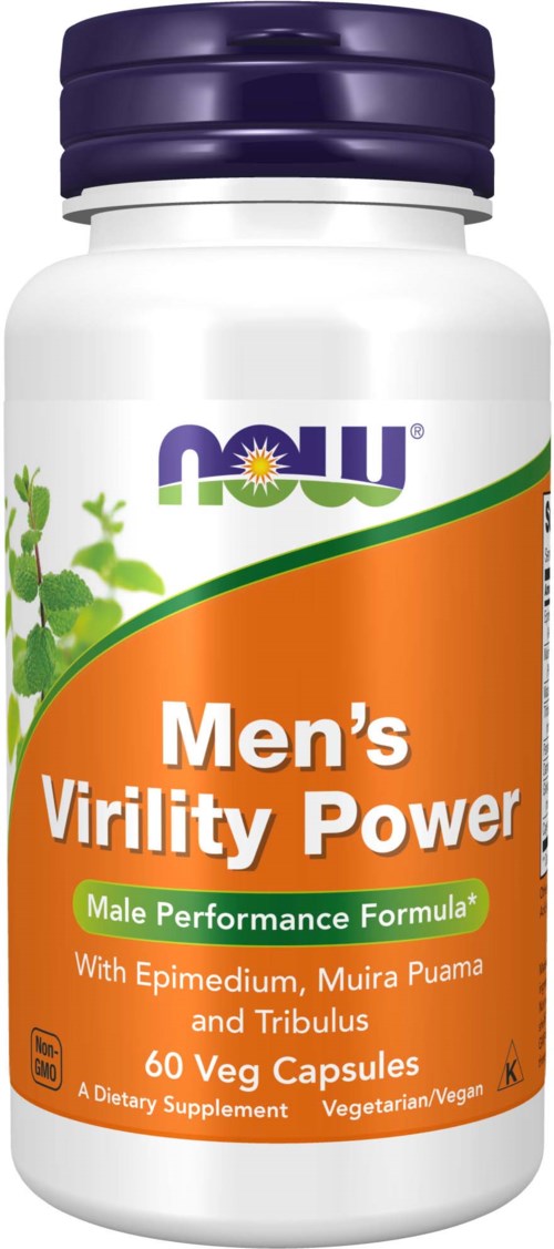 A bottle labeled 'Men's Virility Power' with green plants and a purple cap, promoting male performance with natural ingredients.