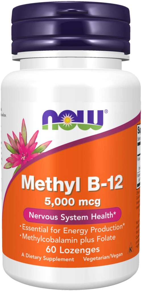 En flaska Methyl B-12-tillskott med rosa blomma, märkt för energi och nervsystemet, innehåller 60 pastiller.