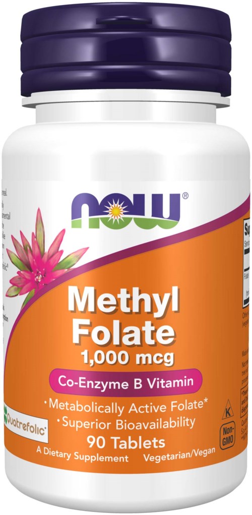 En hvit flaske med lilla lokk inneholder 90 tabletter av methyl folate, et vitamin tilskudd med blomsterdesign og lys etikett.