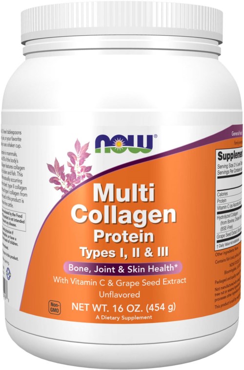 En hvit kosttilskuddsbeholder med oransje etikett, viser 'Multi Collagen Protein' med detaljer om typer og fordeler.
