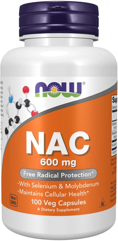 En vit flaska med lila lock märkt NAC 600 mg, innehållande 100 vegetariska kapslar för hälsostöd.