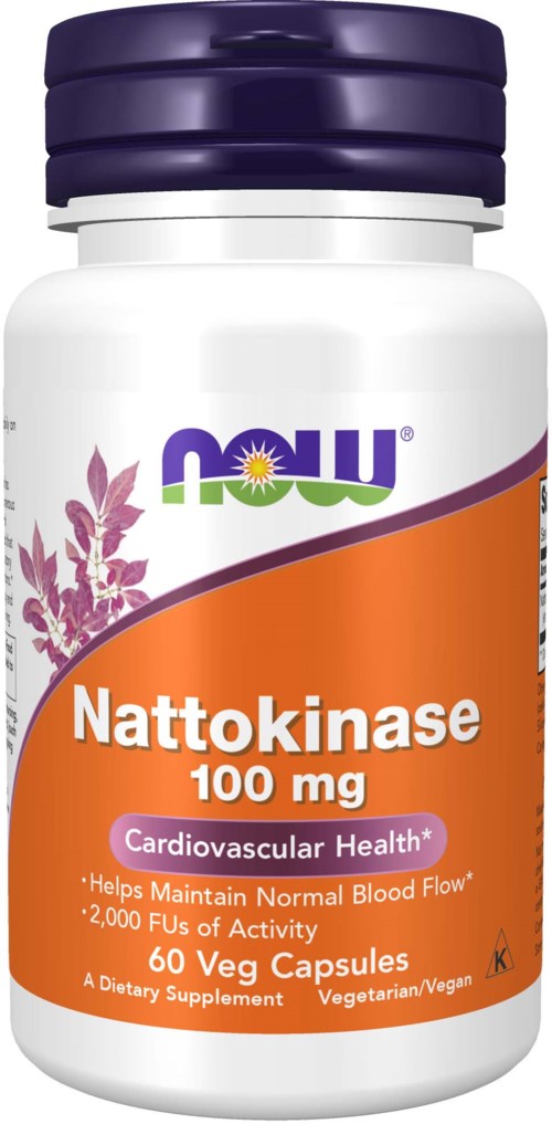 Bottle with orange and white label, stating "Nattokinase 100 mg," for cardiovascular health, in vegetarian capsules.