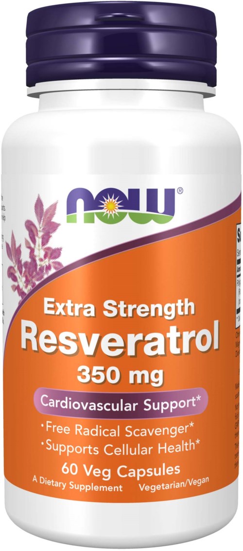 A white bottle labeled Now Resveratrol 350 mg, with orange and purple accents, claiming to support heart health.