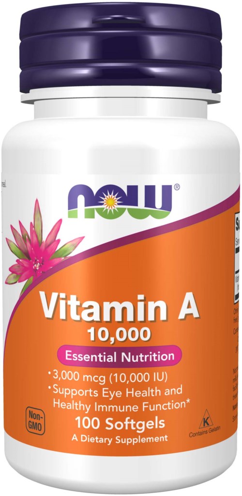 En hvit flaske med lilla lokk, merket 'Vitamin A,' som inneholder 100 mykgeler for øye- og immunhelse.