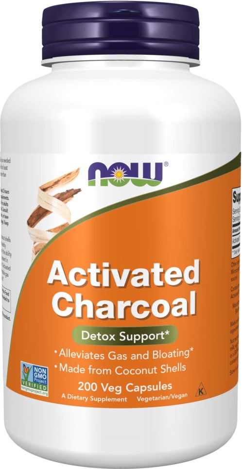 En hvit flaske med lilla lokk, merket 'Activated Charcoal' i oransje og hvit tekst, som støtter avgiftning og fordøyelse.