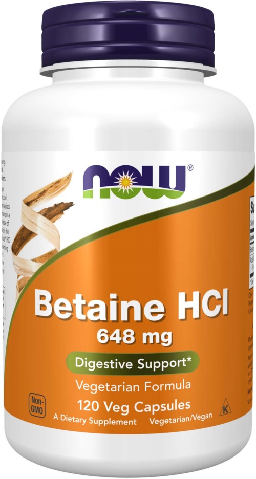 Flaske med NOW Betaine HCI, 648 mg, med 120 vegetariske kapsler for fordøyelseshjelp.