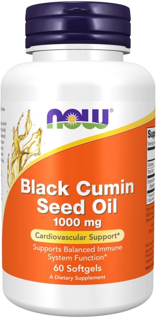 A white bottle with a purple cap. It has an orange label for Black Cumin Seed Oil. It supports heart and immune health.