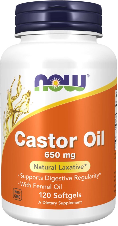 En hvit flaske med blå lokk. Merket sier Now Castor Oil 650 mg, støtter fordøyelsen, med fennikelolje, 120 myke gelé-kapsler.