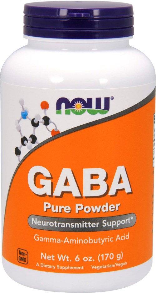 En vit flaska med lila lock, märkt GABA Pure Powder, som stödjer signalsubstanshälsa.
