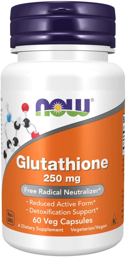 Flaske med Glutathione 250 mg kapsler, oransje etikett, inneholder 60 vegetarkapsler, støtter avgiftning og antioksidanthelse.