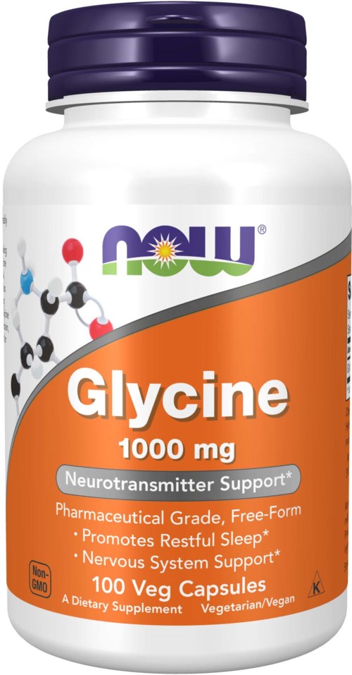 En hvit flaske med lilla lokk, merket "NOW Glycine 1000 mg" og beskriver fordelene for søvn og nervehelse.