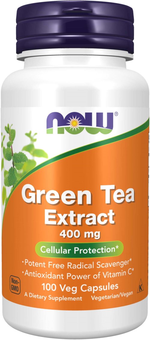 En hvit flaske med lilla lokk, merket 'Green Tea Extract 400 mg,' inneholder veganske kapsler for helsemessige fordeler.