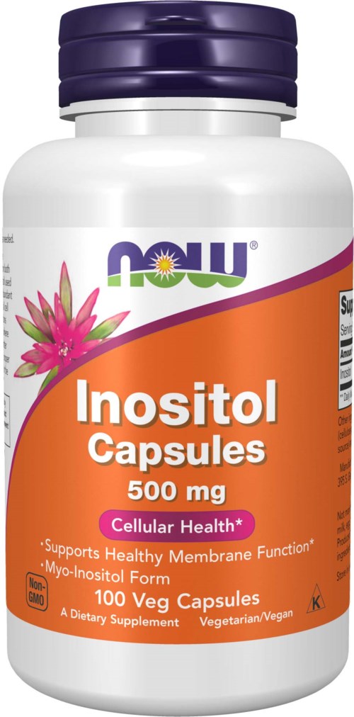 En vit flaska med lila lock, märkt 'Inositol Capsules 500 mg,' visar en rosa blomma och produktuppgifter.