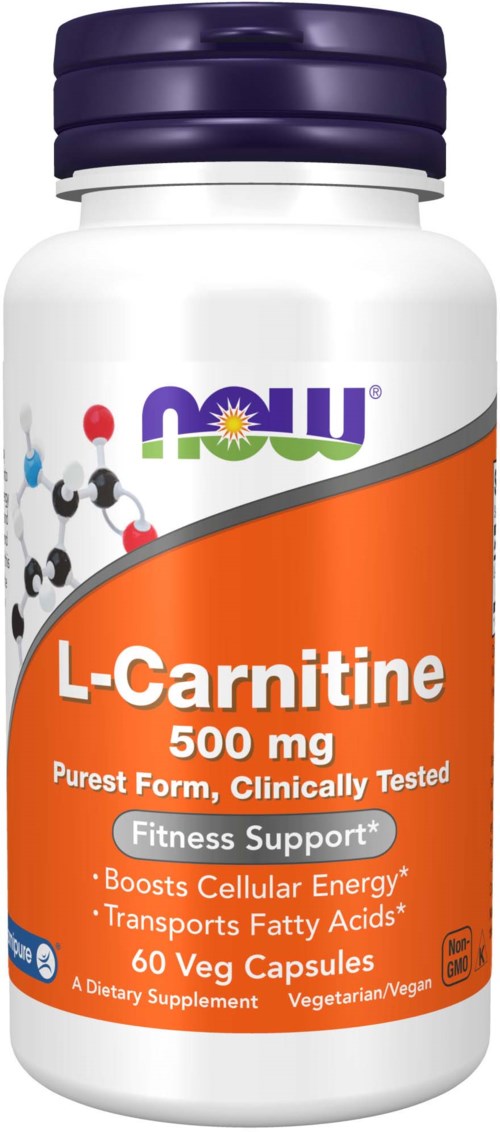 A white bottle with a purple cap, labeled "L-Carnitine 500 mg", with orange and white sections, and a fitness theme.