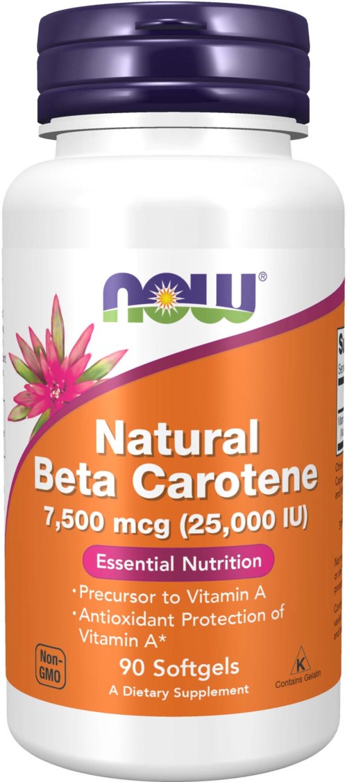 Flasker med NOW naturlig beta-karoten i en hvit beholder med lilla lokk.