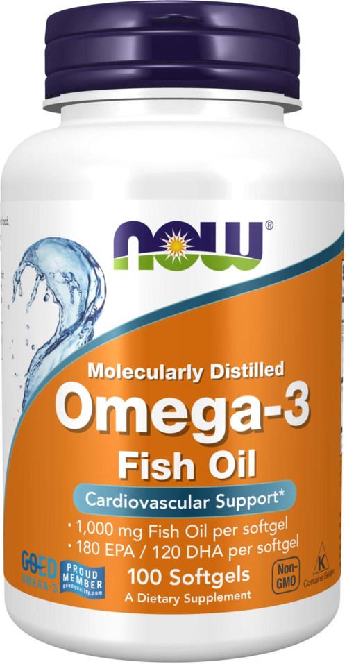 A white bottle with a purple lid, labeled 'Omega-3 Fish Oil' for heart health, containing 100 softgels with fish oil.