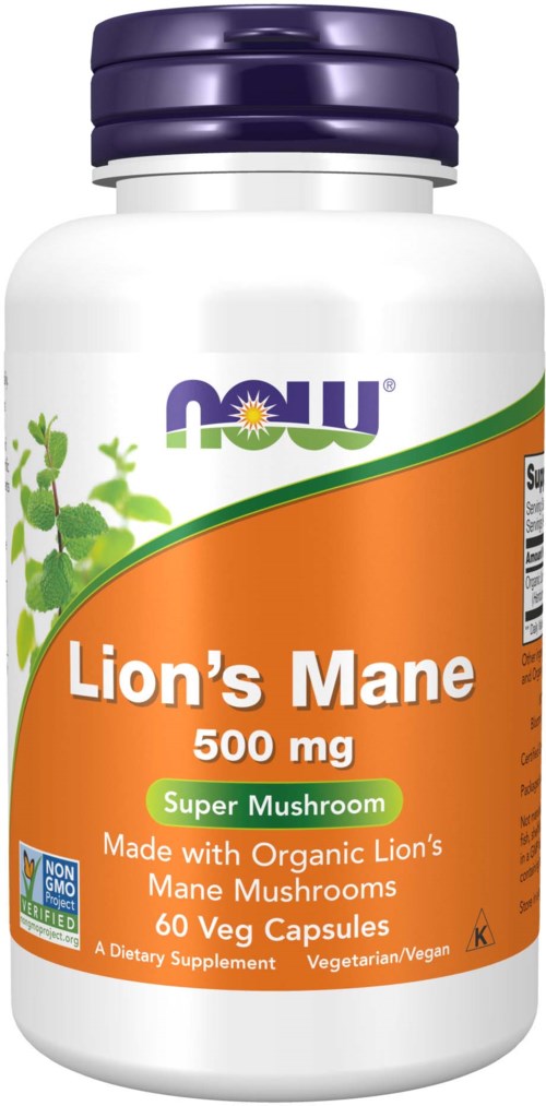 Vitamin supplement bottle labeled 'Lion's Mane 500 mg for super mushroom, 60 vegan capsules, organic, non-GMO.'