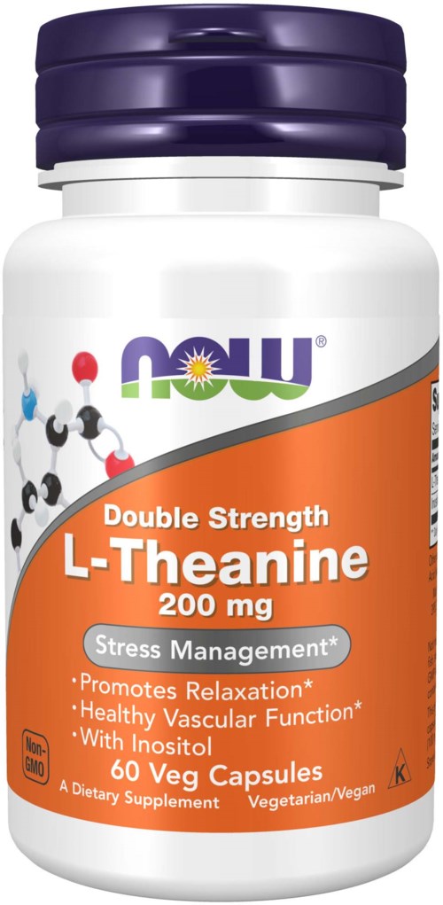 Flaske med L-Theanin kosttilskudd med 60 kapsler, fremmer avslapning og stressmestring.