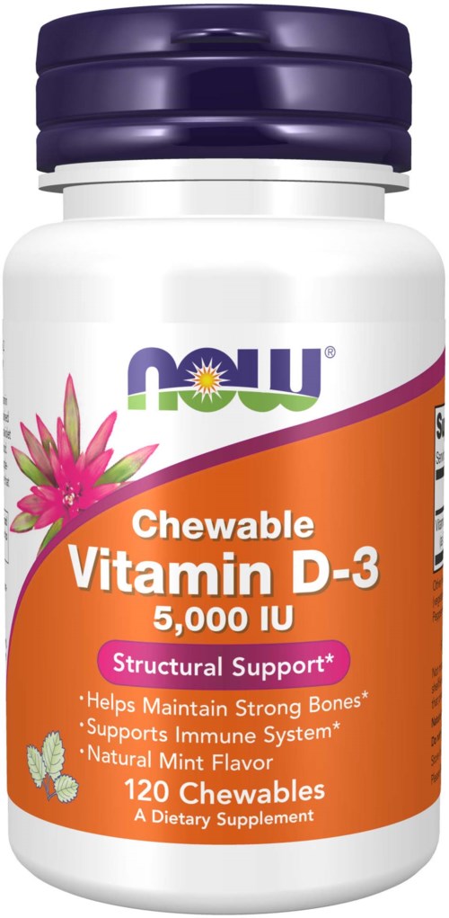 A white bottle with a purple cap, labeled for chewable Vitamin D-3, 5,000 IU, supporting bones and immunity.