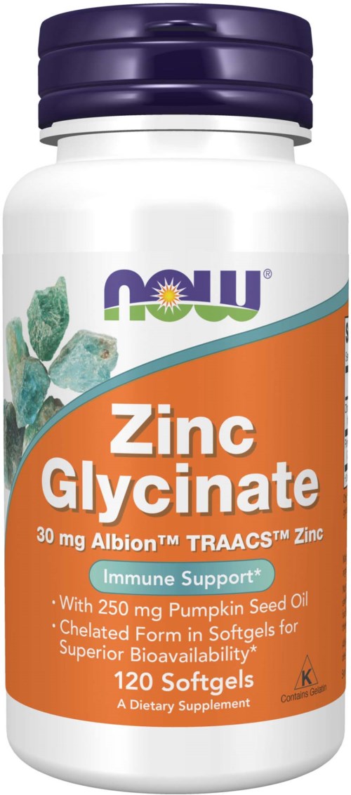 A bottle of NOW Zinc Glycinate supplements, with orange and purple label, showing it supports immune health and contains pumpkin seed oil.