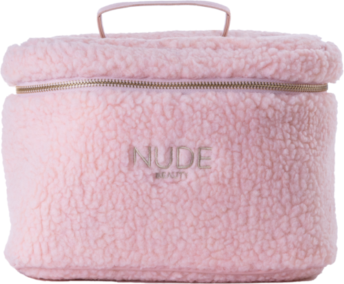 A soft, pink, fluffy bag with a zipper and handle, labeled "NUDE."