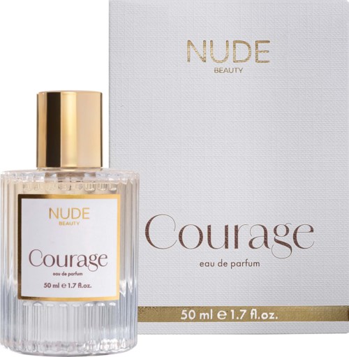 En parfymeflaske merket 'Courage' med en hvit eske bak den som har samme navn, gulldetaljer og et teksturert glassdesign.