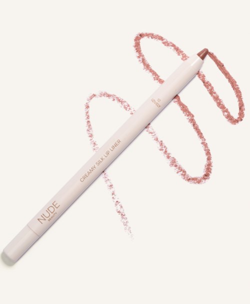 A white lip liner pencil with pinkish lips drawn behind it on a white background.