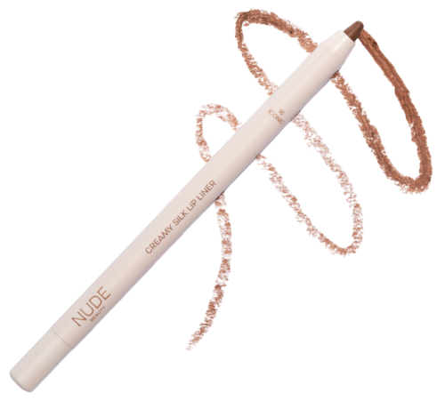 A white pen with rose gold writing that says "NUDE CREAM SILK LIP LINER" and a rose gold cap. Swirly lines around it.
