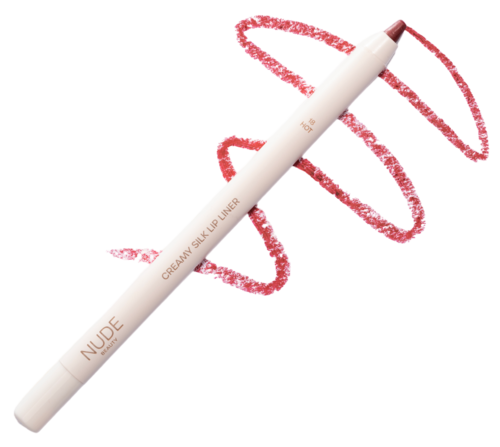 En vit läppennålspenna märkt 'NUDE' med rosa läppstiftsmärken runt den.