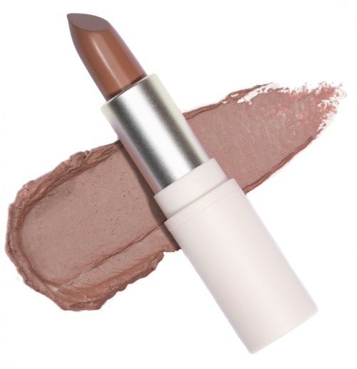 A beige lipstick with a silver and white case on a beige smear.