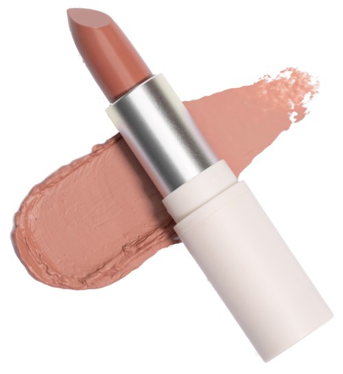 A lipstick with a beige shade, partly smeared on a white background.