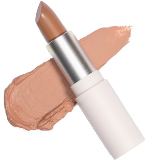 Een beige lippenstift met een zilveren en witte houder, met een likje van dezelfde kleur erachter.