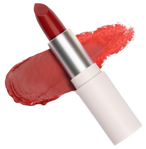 A red lipstick with a white and silver case, with lipstick smeared on white background.